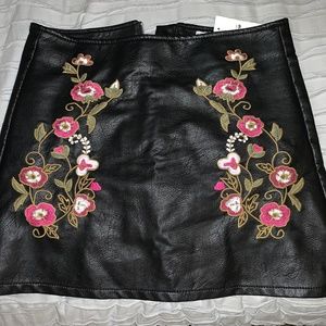 Black Leather Skirt with Floral Embroidery